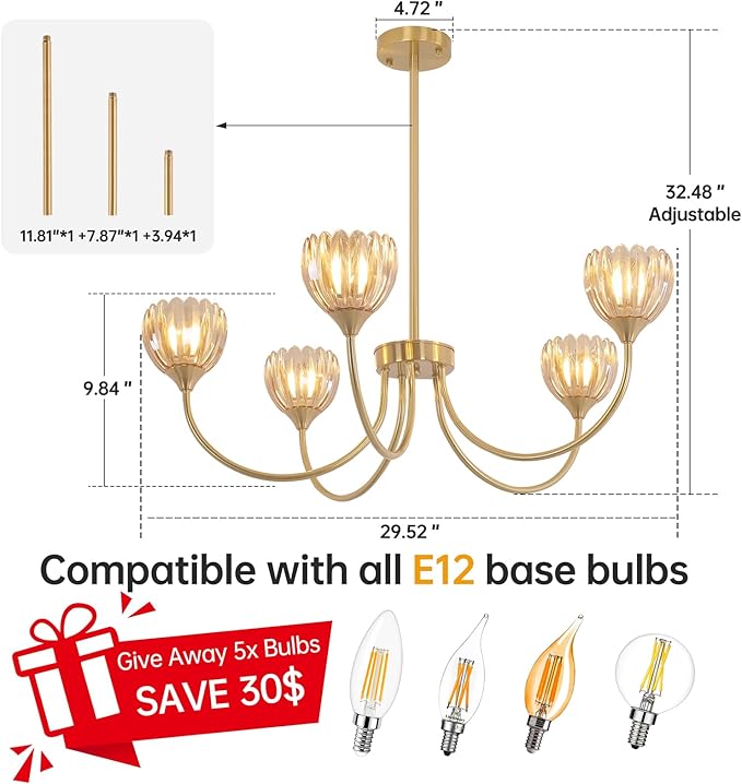 Shenmoyl 30.31" Brass Gold Chandelier, 5-Light Chandelier Light with Amber Tulip Glass Lampshade, Height Adjustable Vintage Chandeliers for Dining Room Living Room Kitchen Island