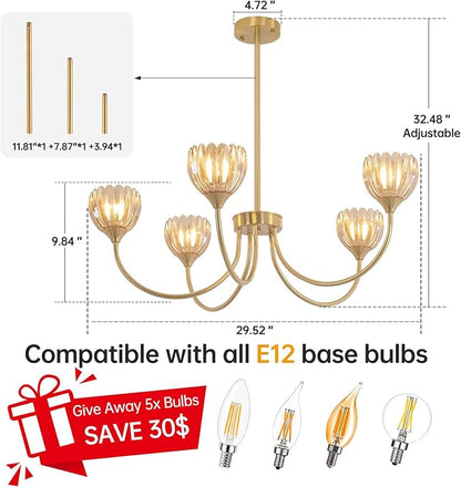 Shenmoyl 30.31" Brass Gold Chandelier, 5-Light Chandelier Light with Amber Tulip Glass Lampshade, Height Adjustable Vintage Chandeliers for Dining Room Living Room Kitchen Island