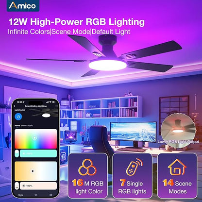 Amico Ceiling Fans with Lights, 52'' Smart RGB Ceiling Fan with Remote/APP/Alexa Control, Flush Mount, Reversible DC Motor, 5 Blades, 6 Speeds, 3CCT, Dimmable, Noiseless, Bedroom, Living Room, Black