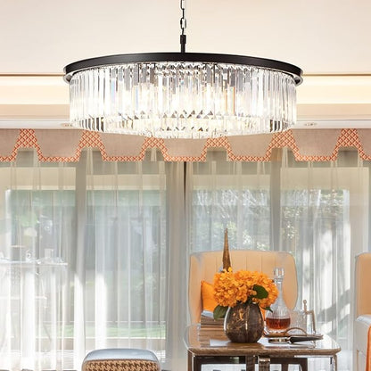 Black Large Crystal Chandelier Modern Luxury Chandelier Ceiling Lights Fixture for Dining Living Room 12-Lights 3-Tier Raindrop Chandeliers Lighting (Black, Dia 31 Inch)