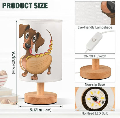 Table Lamp Dachshund Hot Dog Nightstand Lamp with Wood Base Fabric Lamp Shade Bedside Desk Lamp for Living Room Bedroom Kids Room Office