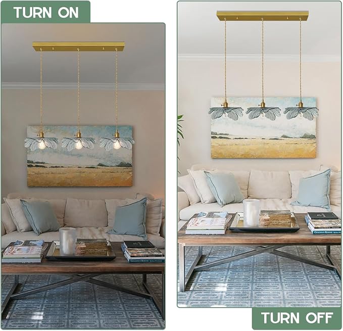 3-Light Flower Pendant Lamp Gold Dining Room Ceiling Pendant Light Fixtures with Dark Green Glass Leaf Shades, Cluster Pendant Light for Kitchen Bathroom Cafe Restaurant