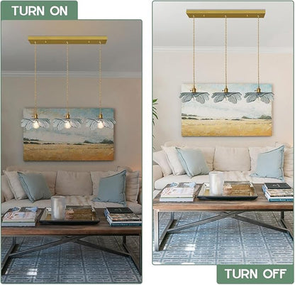 3-Light Flower Pendant Lamp Gold Dining Room Ceiling Pendant Light Fixtures with Dark Green Glass Leaf Shades, Cluster Pendant Light for Kitchen Bathroom Cafe Restaurant
