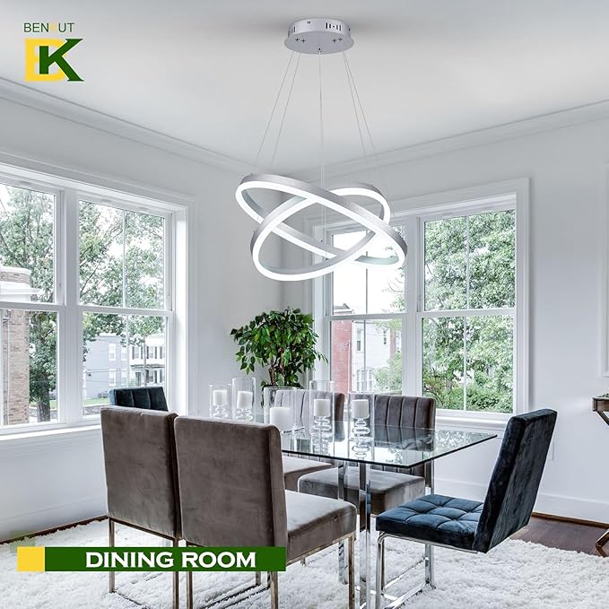 Benkut 2-Rings Modern LED Chandelier Silver for Dining Room, Circular Flush Mount Ceiling Chandelier Light Dimmable Pendant Light with Remote Control for Living Room Entrance Foyer, 3000K-6500K
