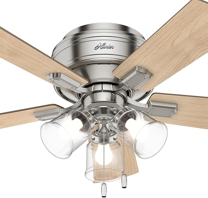 Hunter 42 inch Indoor Ceiling Fan with LED Lights and Pull Chain - Low Profile Flush Mount Ceiling Fan, 5 Blades, For Bedroom, Living Room, or Kitchen, Quiet - Crestfield 52154, Brushed Nickel