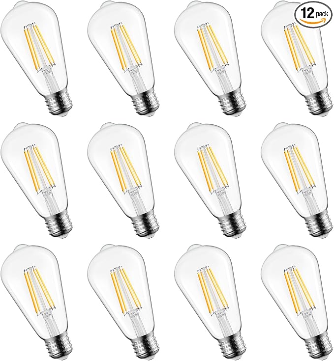 Brightown 12 Pack LED Edison Bulbs, 6W, Equivalent 60W, High Bright 2700K Warm White,750 Lumens, Non-Dimmable, E26 Medium Base ST58 Antique Filament Bulbs with 83+ CRI for Ceiling Fan Bathroom Porch