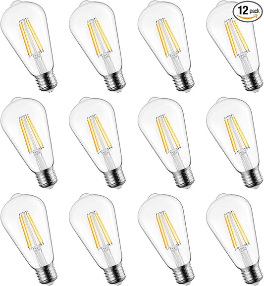 Brightown 12 Pack LED Edison Bulbs, 6W, Equivalent 60W, High Bright 2700K Warm White,750 Lumens, Non-Dimmable, E26 Medium Base ST58 Antique Filament Bulbs with 83+ CRI for Ceiling Fan Bathroom Porch