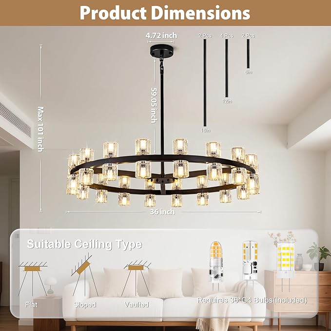 36-Light Large Black Chandeliers for High Ceilings, 36 Inch Crystal Wagon Wheel Chandelier, Farmhouse Industrial Round Chandelier Pendant Lighting Fixture for Dining Living Room Kitchen Island