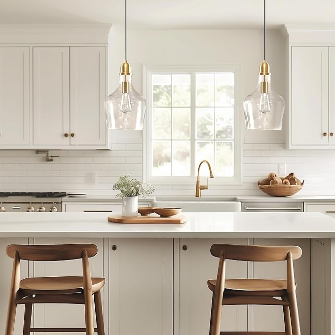 INK+IVY Auburn Pendant Lighting for Dining Room, Industrial Kitchen Lights, Hand-blown Glass Bell Shaped Pendant Light for Kitchen Island, Foyer, Bedroom, 9" Dia x 95.5" H, Gold/Clear