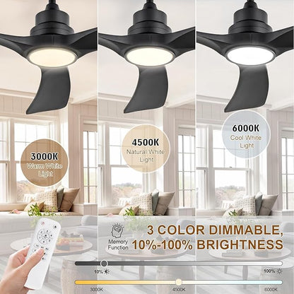 Black Ceiling Fan with Light,52 inch Solid Wood Ceiling Fan, Remote Control,Wall Switch,Dimmable,Reversible Quiet DC Motor,Power Off Memory Modern Ceiling Fans for Bedroom Patio Indoor/Outdoor