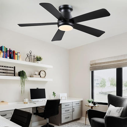 Hounberi 46 Inch Low Profile Ceiling Fan with Light, Modern Flush Mount Ceiling Fans for Low Ceilings, Quiet DC Motor Bedroom Fan, 3CCT Dimmable, Reversible Blades, High Airflow, Energy Saving, Black