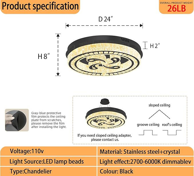 24'' Black Modern Crystal Chandelier LED Dimmable Flush Mount Crystal Ceiling Light for Living Room Bedroom Dining Room