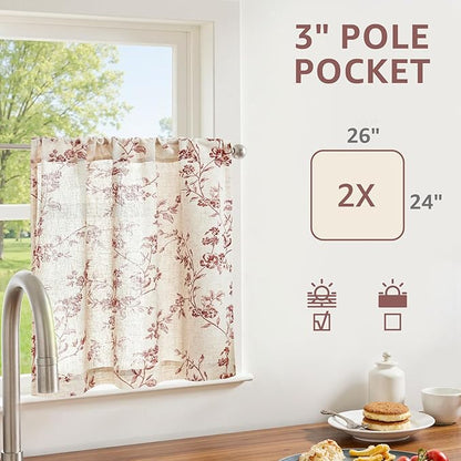 jinchan Floral Kitchen Curtains 24 Inch Linen Tier Curtains Farmhouse Cafe Half Window Drapes Over Sink Light Filtering for Living Room Laundry RV Rod Pocket 2 Panels Maroon Red on Beige