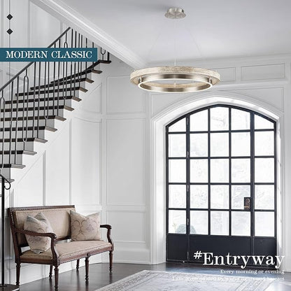 LED Ring Chandelier Weathered Wood Nickel Chandelier Dimmable Round Foyer Chandeliers Light Farmhouse Circular Chandeliers for Dining Room Entry Bedroom Office Living Room, 24in