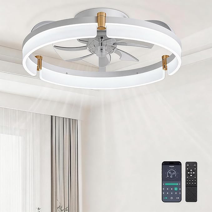 Ceiling Fans with Lights and Remote Fandelier - White 20'' Flush Mount Low Profile Modern Ceiling Fans for Bedroom - Stepless Color Temperature and 6 Speeds, White