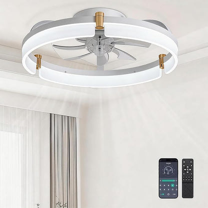 Ceiling Fans with Lights and Remote Fandelier - White 20'' Flush Mount Low Profile Modern Ceiling Fans for Bedroom - Stepless Color Temperature and 6 Speeds, White