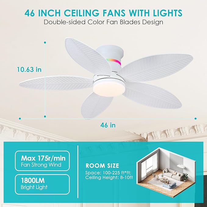 Surtime 46" White Ceiling Fans with RGB Lights - Flush Mount Ceiling Fan Light with LED 3CCT Dimmable, Tropical Palm Leaf Ceiling Fans for Indoor Party,Covered Outdoor