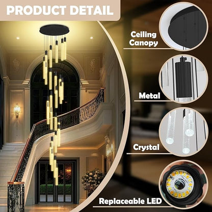 12FT Black Crystal Chandelier 26-Lights Modern LED Dimmable Pendant Lighting High Ceiling Hanging Fixture for Foyer Entryway Staircase Living Room Dining Room Villa Luxury Glam Ceiling Light