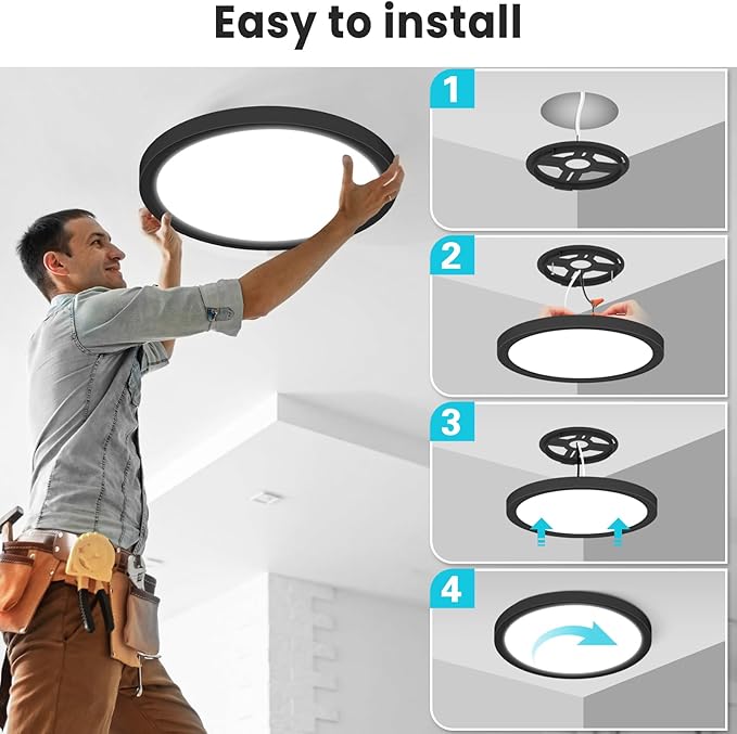 libtit 16" Black LED Ceiling Lights, 36W 3600lm, 3 Color Temps 3000K/4000K/6500K, Large Flush Mount Fixture for Kitchen, Hallway, Bedroom, Living Room, 120V ETL Listed, 1Pack