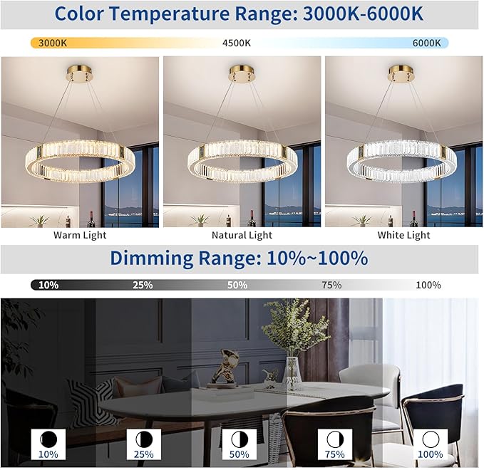 Depuley Modern LED Crystal Chandeliers: 23.6" Ring Chandelier Hanging Crystal Ceiling Light Fixture - 30W Adjustable Height Pendant Light for Living Room Dining Room Bedroom Foyer