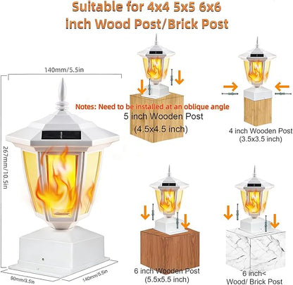 Dynaming 2 Pack Solar Flame Post Lights Outdoor, Solar Powered Lamps Fence Post Cap Lights, Flickering Flame LED Lantern Waterproof for Garden Deck Patio, Fit 4x4, 5x5 or 6x6 Wooden Posts, White Shell