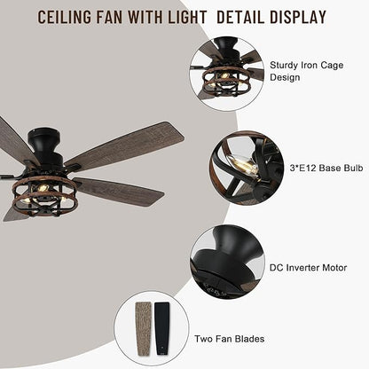 52" Farmhouse Ceiling Fans with Lights and Remote,Chandelier Ceiling Fan with 5 Double Colour Blades Reversible DC Motor,Rustic Caged Ceiling Fan for Living Room,Dining Room,Bedroom
