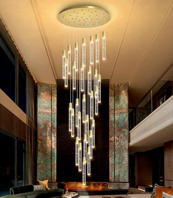 HAIXIANG 14.7 Foot High Ceiling Chandelier for Entryway Modern Crystal Lights for Living Room Foyer Flush Mount Sloping Ceiling Pendant Light Fixture Remote Dimmable 28-Lights Gold