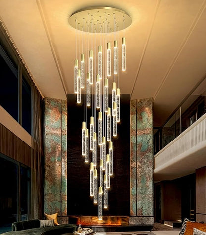 HAIXIANG 14.7 Foot High Ceiling Chandelier for Entryway Modern Crystal Lights for Living Room Foyer Flush Mount Sloping Ceiling Pendant Light Fixture Remote Dimmable 28-Lights Gold