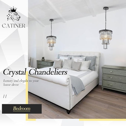 CATINER 3 Tiers Black Crystal Pendant Light, Mini Smoke Gray K9 Crystal Chandelier Modern Pendant Light Fixture for Kitchen Island Dining Room Hallway Bedroom Closet