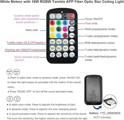 AKEPO Small Size 16W RGBW APP Twinkle Shooting Star Fiber Optic Lights, Music Activated 450pcs 0.03in 9.8ft/3m Optical Fiber Star Ceiling Light Kit for Car Starlight Headliner/Home