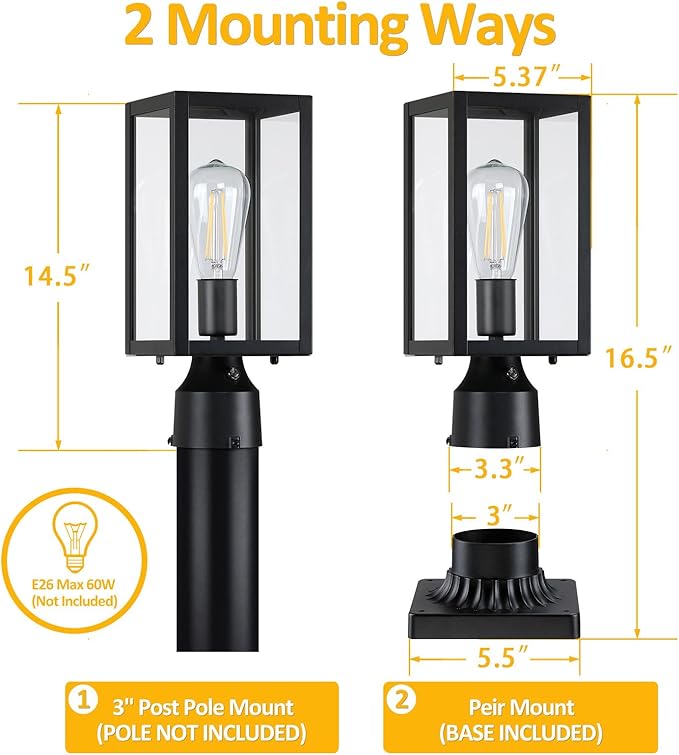 Dusk to Dawn Outdoor Post Lights with Pier Mount Base, 2-Pack Modern Lamp Post Light Fixture Waterproof Pole Lights Outdoor Column Lights Exterior Post Lantern with Clear Glass for Garden Patio