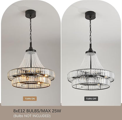 24" Modern Crystal Caged Fandelier, Smart Chandelier Fan with Remote and APP Control, Double Layer Ceiling Fan with Light for Dining Living Room Bedroom, Italian Design-Black