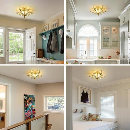 Star Brass Glass Ceiling Light - Small 12 in Gold Hammered Flush Mount Fixture - Unique Art Deco Vintage Modern Lighting Lights for Bedroom Dining Foyer Entryway Hall Hallway Outdoor Porch