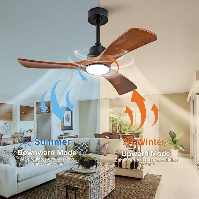 42 inch Flush Mount Ceiling Fans with Lights,Remote Control,Wall Switch,Solid Wood Blades,Dimmable,Reversible,Noiseless,Power Off Memory Low Profile Ceiling Fan for Bedroom Patio Indoor/Outdoor