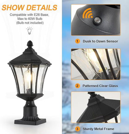 Dusk to Dawn Outdoor Post Lights with Pier Mount Base, Weather Resistant Aluminum 20" Exterior Pillar Coach Light with Clear Glass, Black Outdoor Pole Lamps for Patio, Porch, Yard