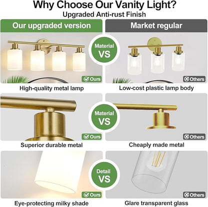 Zarbitta 4-Light Bathroom Light Fixtures, Brushed Gold Modern Vanity Lights with Milky White Frosted Glass Shades, Bathroom Wall Lamp for Mirror Kitchen Living Room