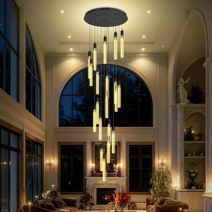 Flashing God Black 20 Lights High Ceiling Chandelier Modern Dimmable Light Fixtures Foyer Chandeliers Pendant Lighting Crystal Ceiling Chandelier Fixtures for Villa Staircase Hallway 11.5feet Long