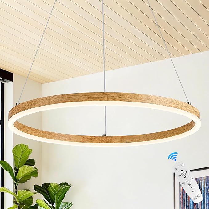 LED Ring Chandelier Wood Grain Round Chandeliers Modern Farmhouse Pendant Light Circular Hanging Ceiling Light Coastal Chandelier for Dining Room Kitchen Entryway, 20 inches