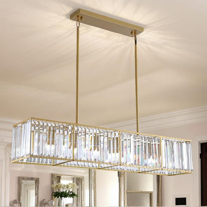 Siljoy Gold Crystal Chandelier for Dining Room, 7-Light Modern Rectangular K9 Crystal Raindrop Chandelier Pendant Ceiling Light Fixture for Living Room Kitchen Island, L47'' x W8.6'' x H8.6''