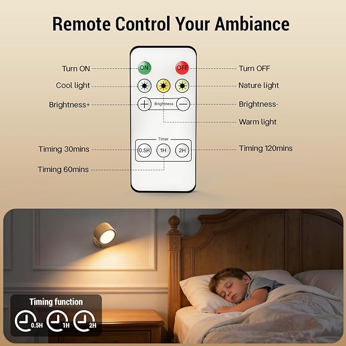LED Wall Sconces, 160H Battery Life, Rechargeable Cordless Mounted Lights, 3 Color & 4 Brightness Level & 360°Rotate Magnetic Ball & Touch or Remote, for Reading Bedroom (Wood)