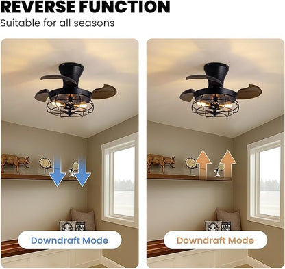22" Retractable Ceiling Fans with Lights, Black Caged Fandelier Ceiling Fans with Remote, 6 Wind Speeds,Invisible Blades, Industrial Flush Mount Small Ceiling Fan for Bedroom Living Room