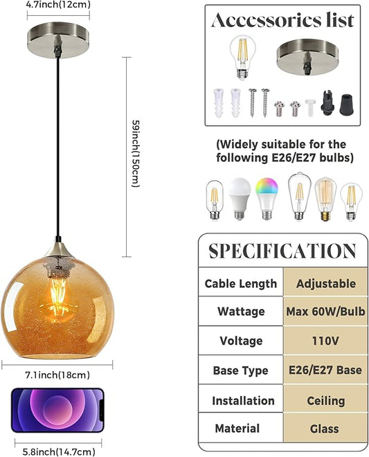 7.1in Medium Amber Glass Pendant Light for Kitchen Island, 2-Pack with Extra LED Bulbs & 4.92ft Adjustable Cord | Modern Minimalist Lighting for Dining Room, Living Room, Entryway