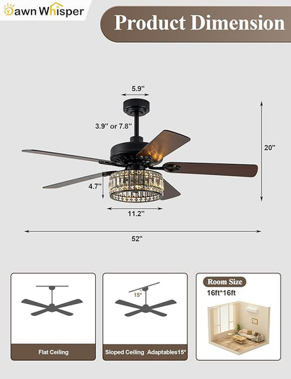 Dawn Whisper 52 Inch Black Chandelier Ceiling Fans Quiet and Reversible DC Motor Modern Ceiling Fans with Lights for Bedroom Living Room