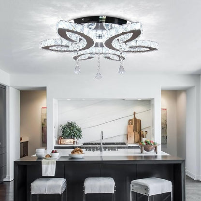 FRIXCHUR 20.4" Crystal Chandeliers Modern Flower Crystal Ceiling Light LED Flush Mount Chandelier Light Fixture for Bedroom Living Dining Room (Dimmable)