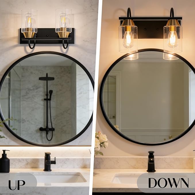 Bathroom Light fixtures, Black Gold Vanity Light, Black and Gold Wall Light Fixture with Clear Glass Shade,Modern Wall Lights for Mirror,Living Room (1, 2 Light)