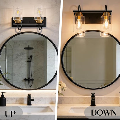 Bathroom Light fixtures, Black Gold Vanity Light, Black and Gold Wall Light Fixture with Clear Glass Shade,Modern Wall Lights for Mirror,Living Room (1, 2 Light)