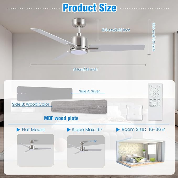 Newday 48 Inch Ceiling Fans with Lights Remote, Brushed Nickel Ceiling Fans Dimmable 3 Color Temperature, Timer, 3 Blades, 6 Speed Modern Fan Quiet Reversible DC Motor for Indoor or Covered Outdoor