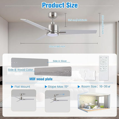 Newday 48 Inch Ceiling Fans with Lights Remote, Brushed Nickel Ceiling Fans Dimmable 3 Color Temperature, Timer, 3 Blades, 6 Speed Modern Fan Quiet Reversible DC Motor for Indoor or Covered Outdoor
