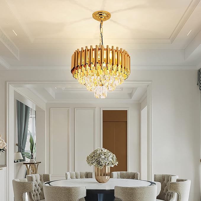 Modern Luxury Crystal Pendant Light Crystal Chandelier Round Chandelier Flush Mount Ceiling Lighting Fixture for Living Room Dining Room Table Restaurant,E12x4 Lights,Gold