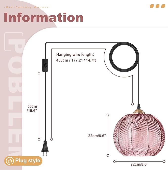 Hanging Lamp Pink Glass Pendant Light Plug in Chandelier with 14.76Ft Long Cord Boho Hanging Light Fixture Mid Century Modern Swag Lamp for Bedroom Girls Room Nursery Living Room